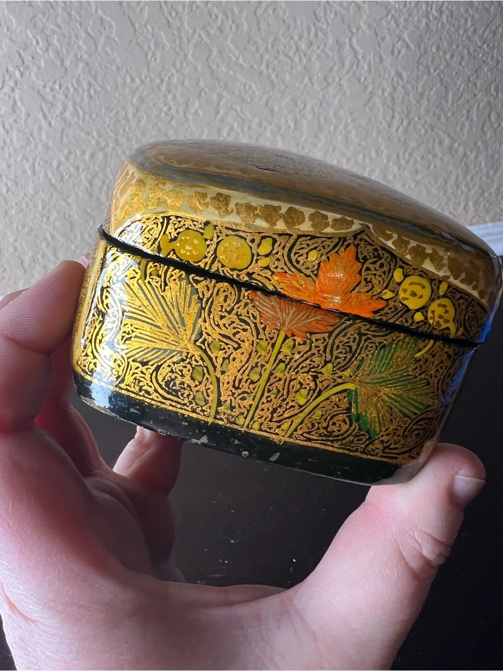 Vintage 1970s Kashmiri Papier Mâché Jewelry Box Domed Lid Gold Floral Trinket